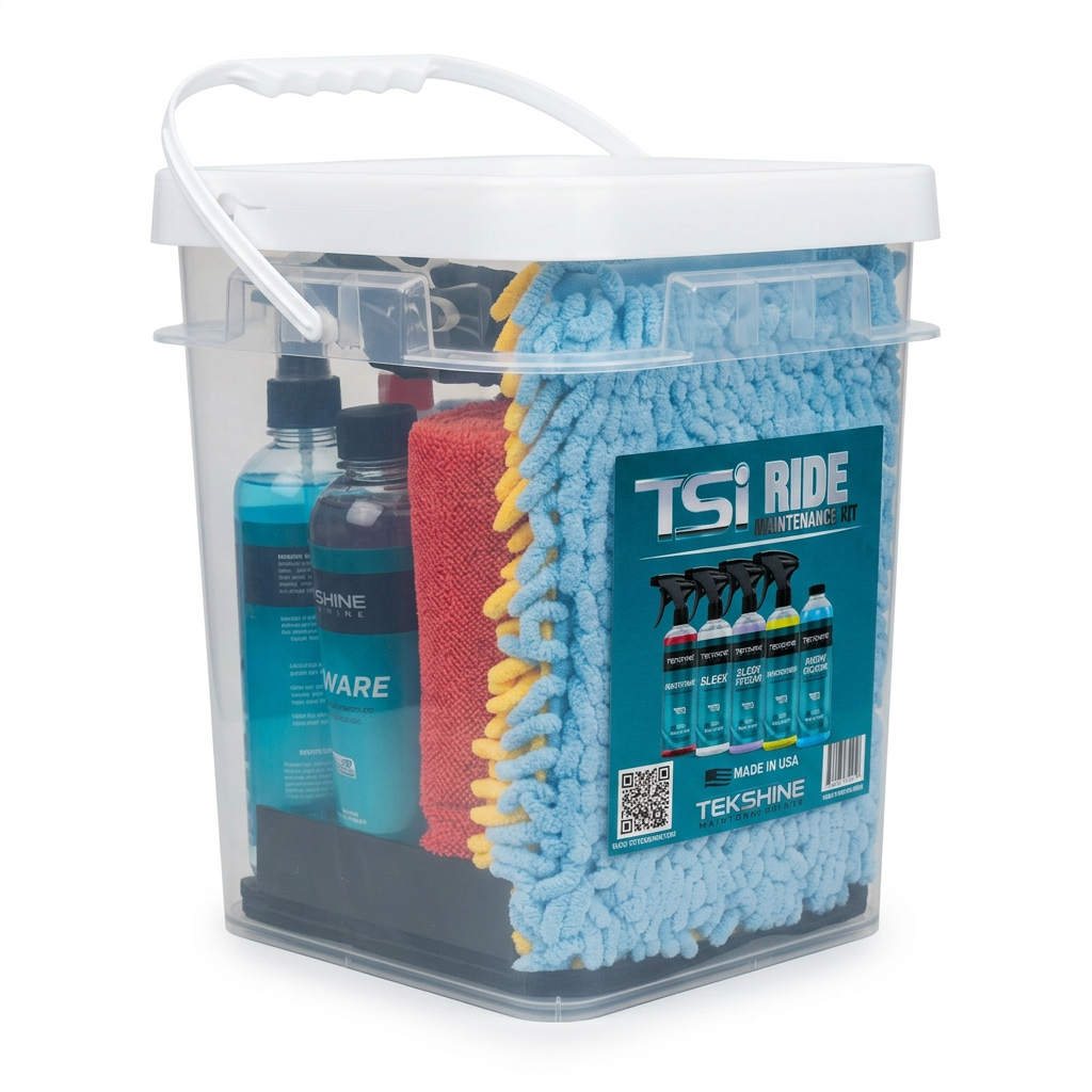 TSI Ride Maintenance Kit branded bucket with included products