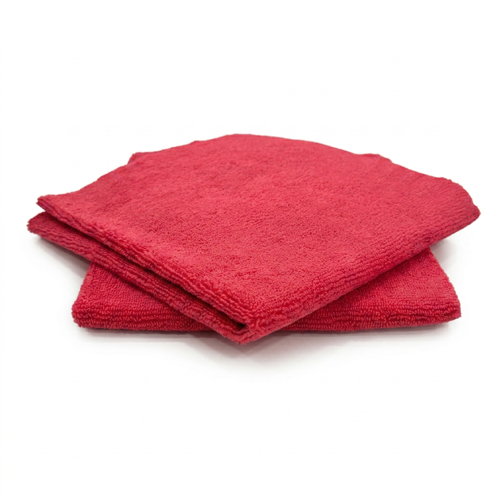 Red microfiber detailing towels included with the kit