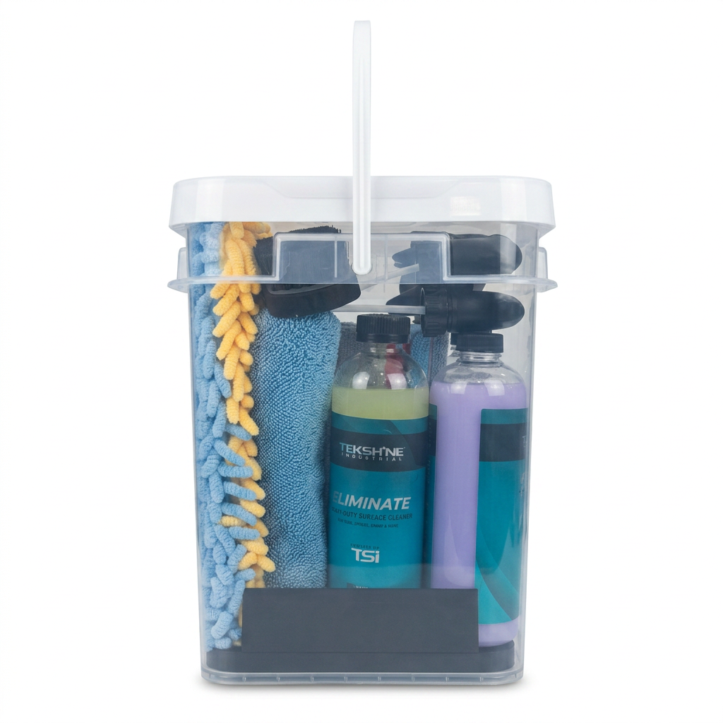 Front view of the TSI Ride Kit bucket with bottles and microfiber inside